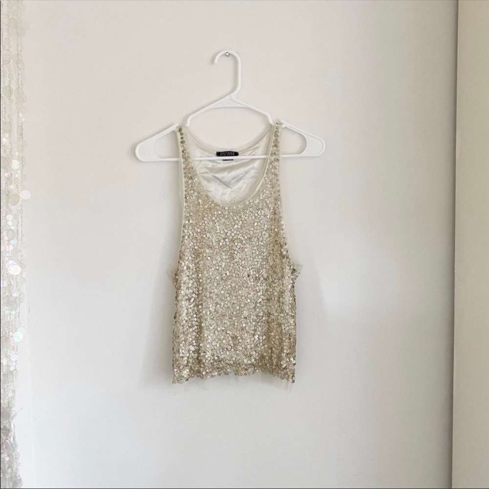 Gryphon New York Cream/Gold Mesh Sequin Tank Top, Size XS